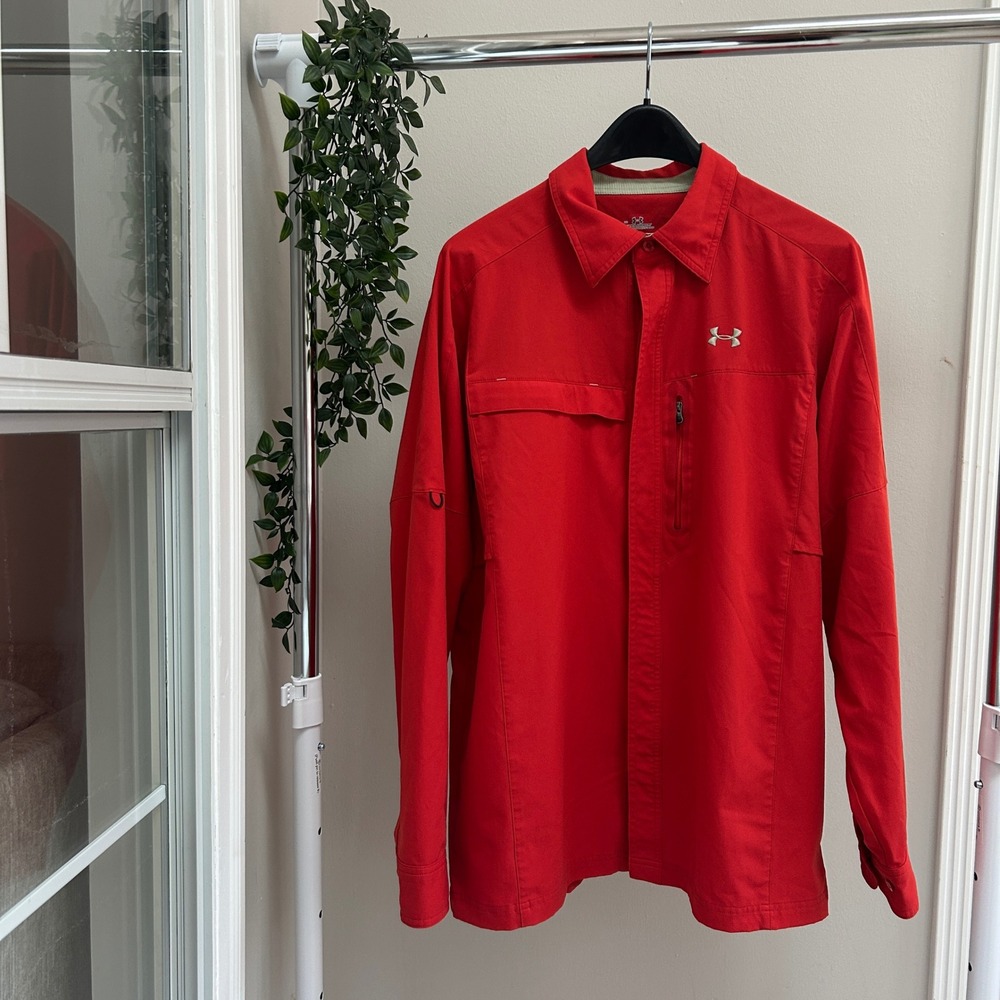 Gently Used Under Armour Mens B30075 Red Ripstop Ventilated Fishing Shirt L/S